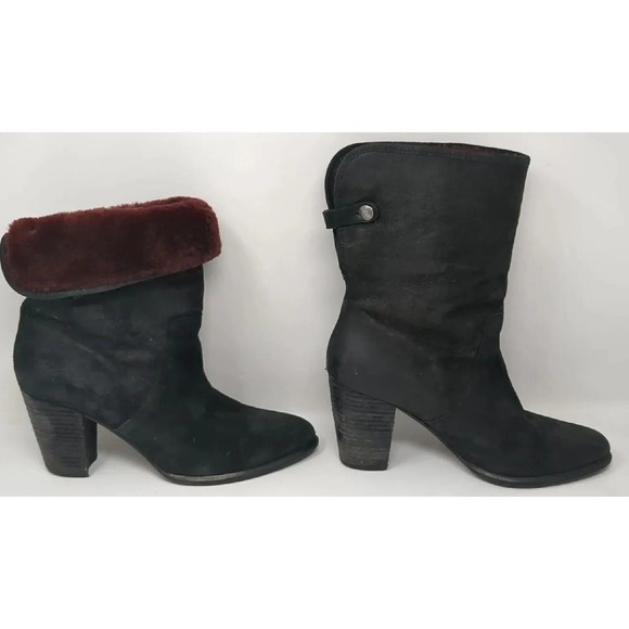 UGG Layna Women Size 10 Shearling‎ Lined Foldable Cuff Black Nubuck Heel Boot - Picture 1 of 11